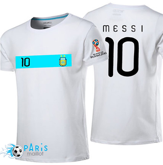 T-Shirt Argentine Messi Coupe Du Monde 2018 Blanc (bande céleste sur la poitrine)