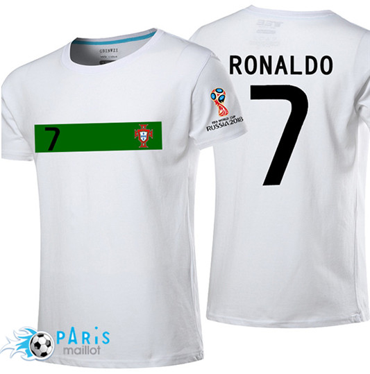 T-Shirt Portugal Ronaldo Coupe Du Monde 2018 Blanc (bande verte sur la poitrine)