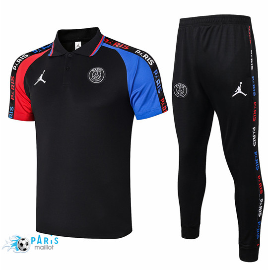 Maillotparis Maillot du Training POLO PSG Jordan Noir manche + Pantalon Rouge/Bleu 2020/21