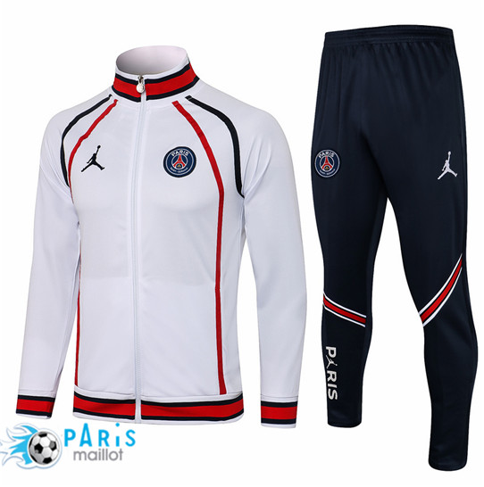 Maillotparis Nouveau Maillot Foot Veste Survetement Jordan PSG Blanc/Rouge 2021/22 Col Haut